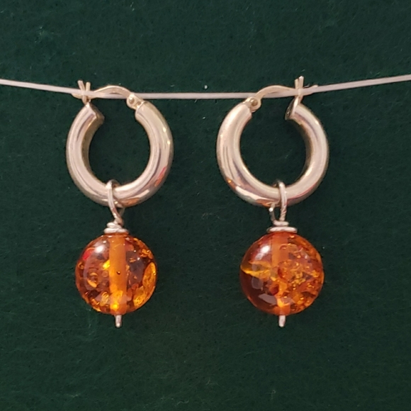 Freshwater pearl,turquoise and Amber silver earrings - Picture 5 of 9